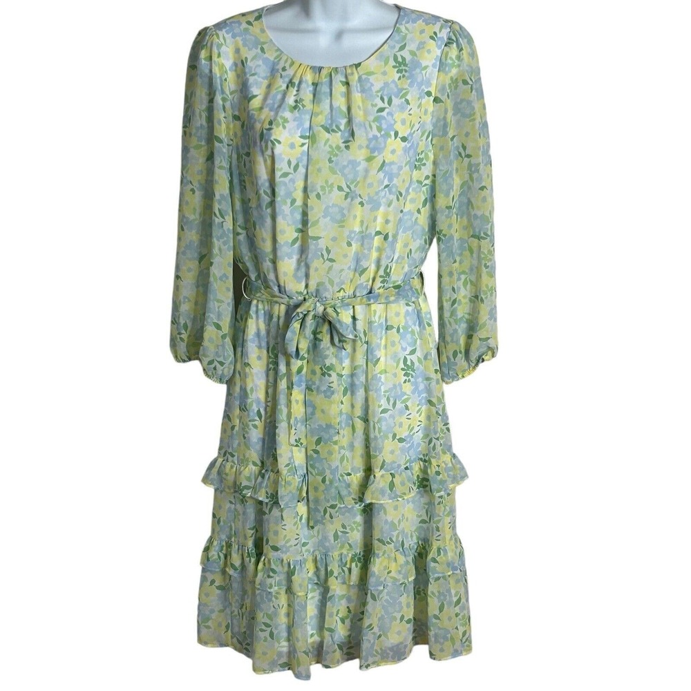 Calvin Klein Tiered Ruffle Dress M Yellow Blue Floral Feminine